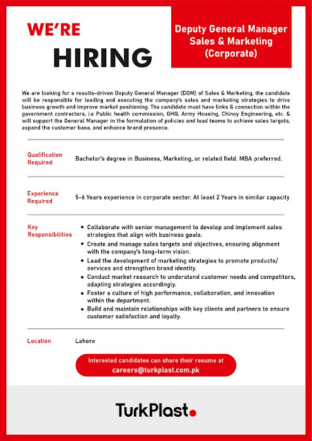 Turkplast Pvt Ltd Latest Jobs in Lahore Deputy General Manager Sales & Marketing (Corporate) 2025
