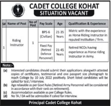 Latest Cadet College Teaching Posts Kohat 2022