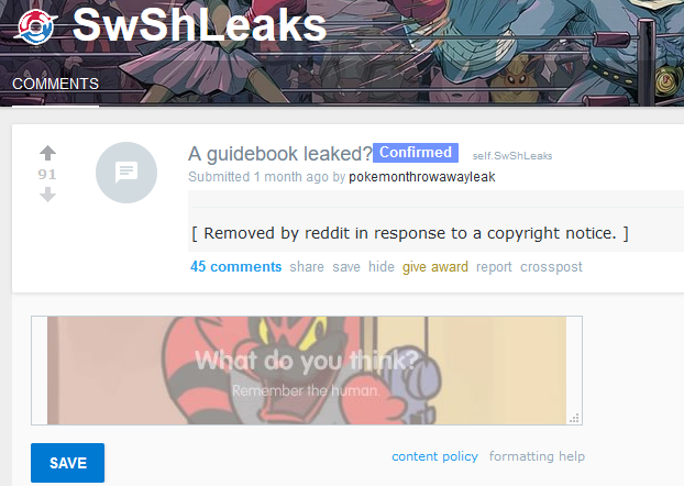 Reddit Pokemonthrowawayleak Pokémon Sword Shield Leaks copyright notice