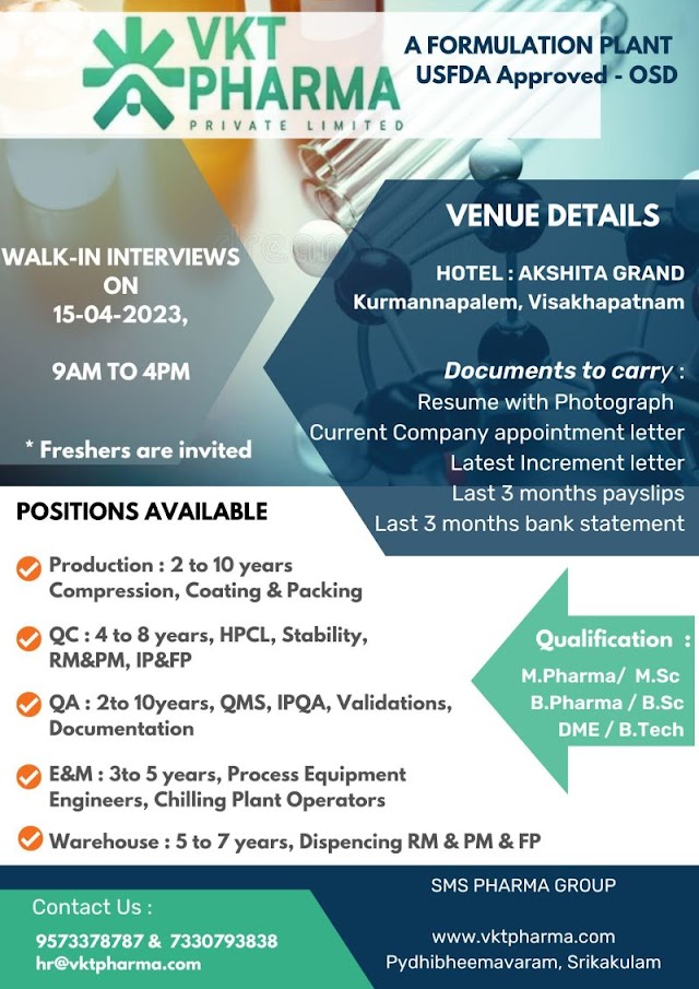 VKT Pharma (SMS Group) | Walk-in interview for Multiple Departments on 15th April 2023