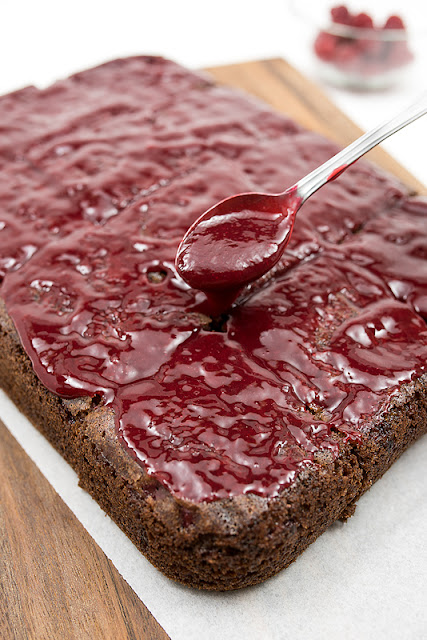 Vegan choco banana cake with raspberry glaze