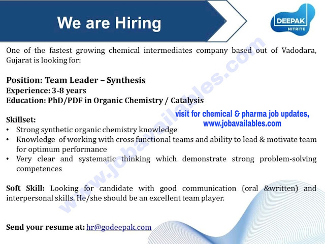 Job Availables, Deepak Nitrite Job Opening For PhD/PDF In Organic Chemistry/ Catalysis