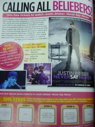 justin bieber movie tickets. To win a pair of movie tickets