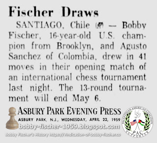 Bobby Fischer Draws With Augusto Sanchez in Tournament Chess