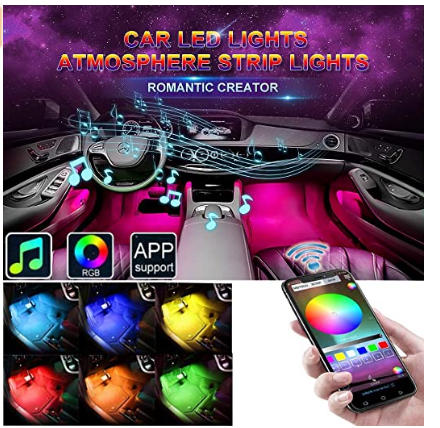 Car LED Strip Lights,EJ's SUPER CAR 4pcs 48 LED Bluetooth App Controller Interior Lights Multi Color Music Car Strip Light Under Dash Lighting Kit,Sound Active Function for iPhone Android Smart Phone