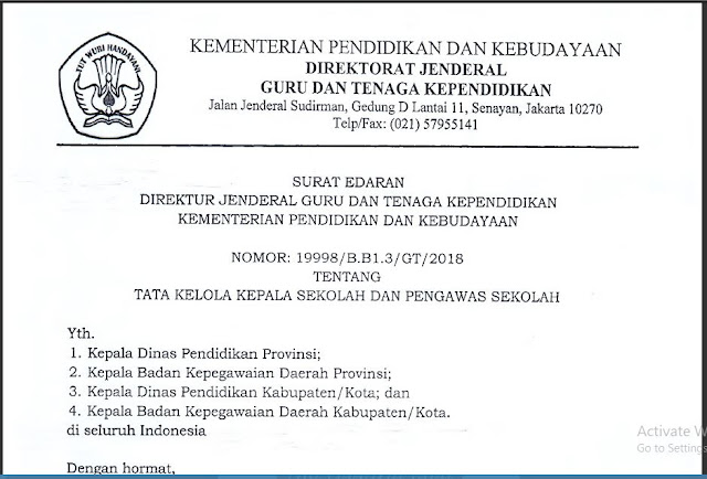 Download Surat Edaran Dirjen GTK Kemdikbud Tentang Tata Kelola Kepala Sekolah dan Pengawas Sekolah Nomor : 19998/B.B1.3/GT/2018, bingkaiguru.blogspot.com