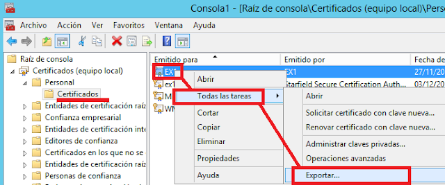 Proceso de exportación del cert desde la MMC