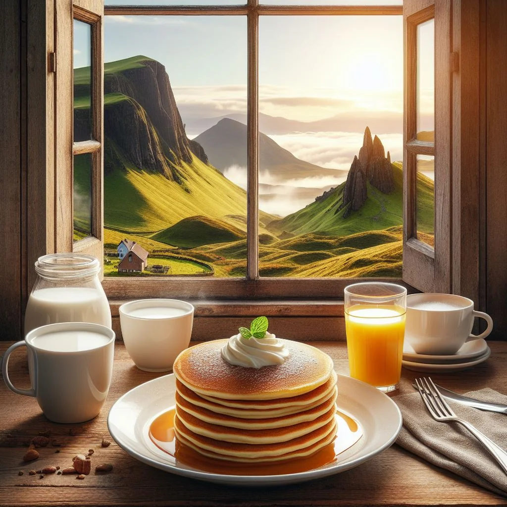 plato de pancakes frente a una ventana con vista al campo