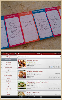 Picture of a weekly menu planning paper pad and a recipe app called Paprika