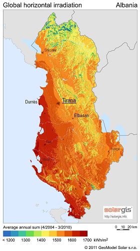  Albania : Global solar horizontal irradiation