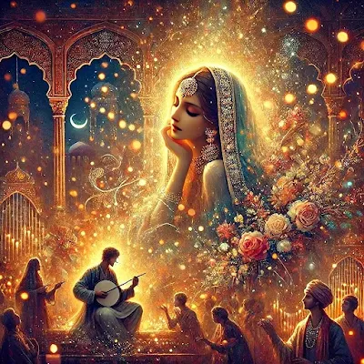 Romantic illustration inspired by an Urdu poem, reflecting love and elegance.