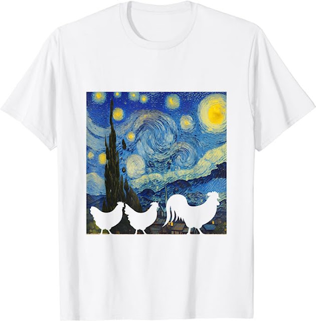 Funny Chickens T-Shirt, Funny Roosters and Chickens walking in Van Gogh's Starry Night Inspired Painting