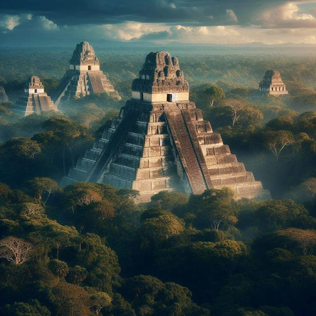 Tikal, Guatemala - Pemandangan menakjubkan dari reruntuhan kuno di tengah hutan, menampilkan kebesaran arsitektur Maya.