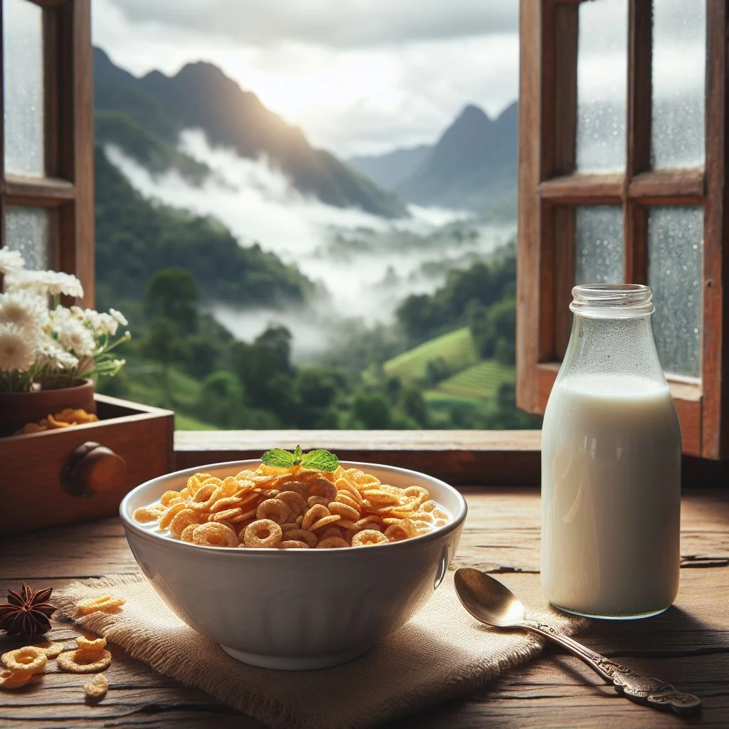 plato de cereal frente a una ventana con vista al campo