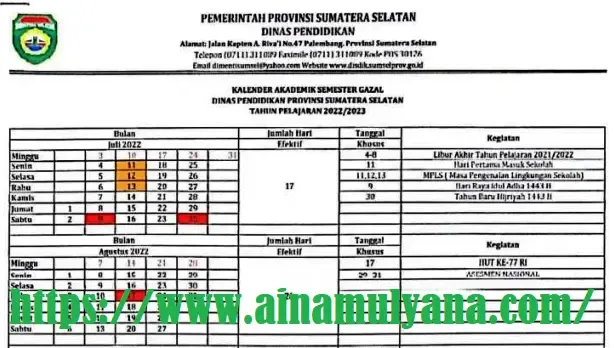 Kaldik Kalender Pendidikan Provinsi Sumatera Selatan Tahun Pelajaran 2022/2023