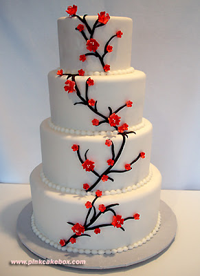 red cherry blossoms wedding cake