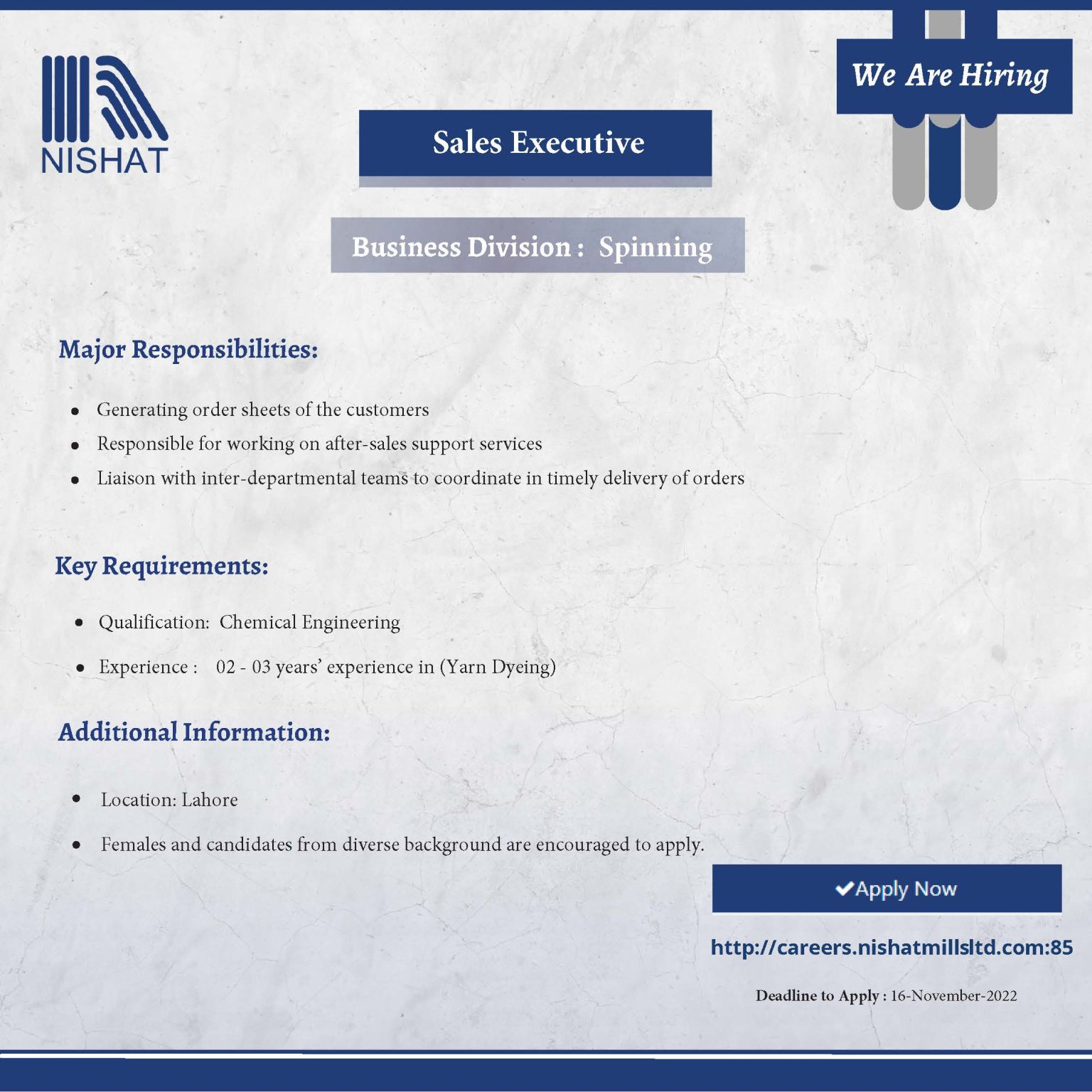 Nishat Mills Ltd Jobs For Sales Executive