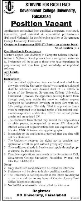 Computer Programmer Jobs in Govt College GC University Faisalabad