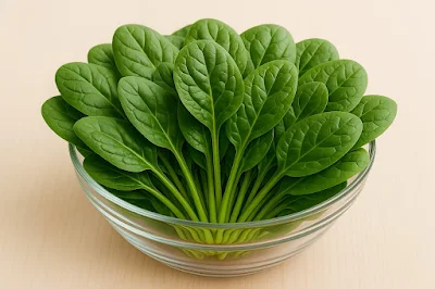*Spinach* – A clean, portrait-style image of fresh green spinach leaves arranged neatly.