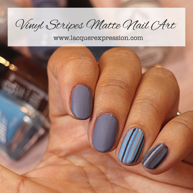 DIY vinyl stripes matte blue nail art manicure using gray blue, baby blue, brown, and grey neutral colors for fall