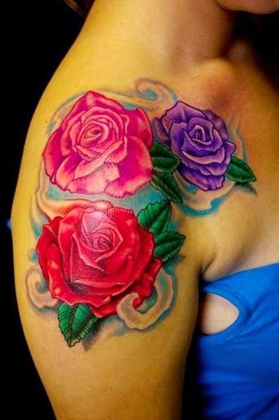 Girls Shoulder With Three Colorful Roses Tattoos, Rose Flower Tattoo Designs On Women Shoulder, Women With Rose Flower Tattoo Designs, Women, Flower,