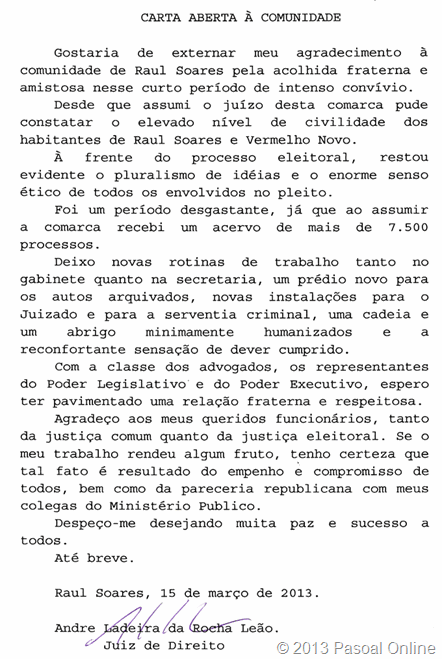 Juiz de Direito é transferido e deixa Carta Aberta aos raulsoarenses