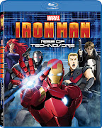 Billionaire Tony Stark, in his Iron Man armor, prevents an attack from a . (ironman rise of technovor blu ray box art)