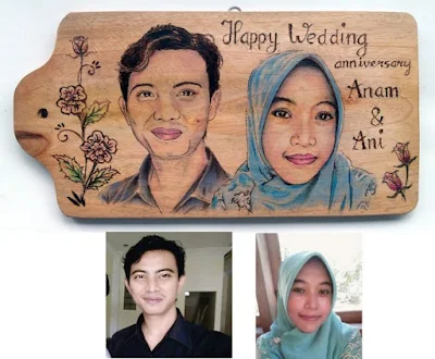 Lukisan Pirografi Wajah Couple untuk Wedding Gift untuk Anam dan Ani