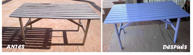 Antes y depués de reciclar y redecorar una mesa de jardín