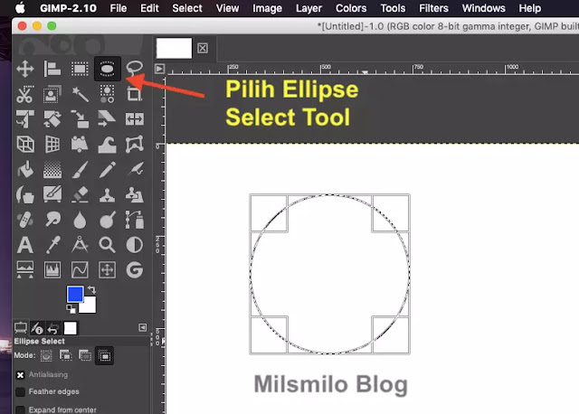 Cara membuat Shape kotak dengan rectangle select tool dan membuat lingkaran dengan ellipse tool di Gimp