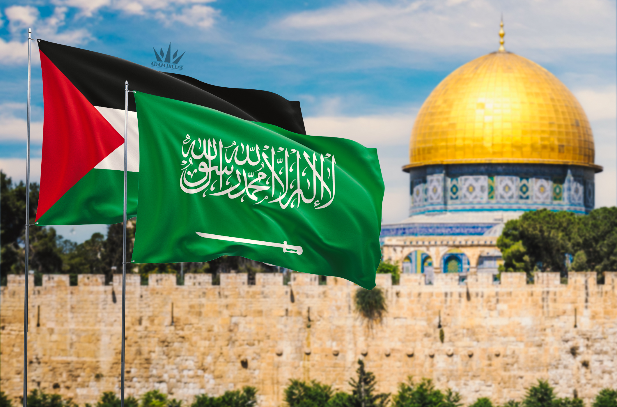 طوفان الاقصى السعودية وفلسطين علم فلسطين مع العلم السعودي