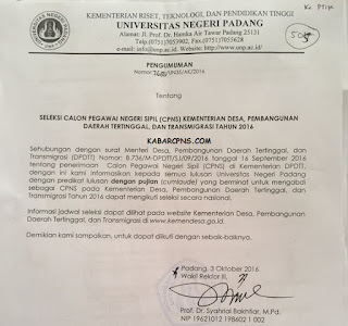 Pengumuman Seleksi CPNS Kementerian Desa, Pembangunan Daerah Tertinggal dan Transmigrasi Tahun 2016