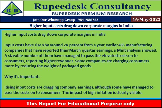 Higher input costs drag down corporate margins in India - Rupeedesk Reports - 16.05.2022