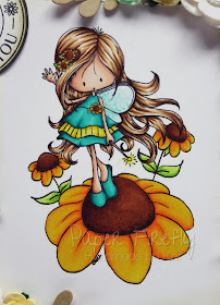 Sunny floral fairy card using Echo Park papers, embellishments from The Ribbon Girl and Fairy sunny day digi image from Tiddly Inks