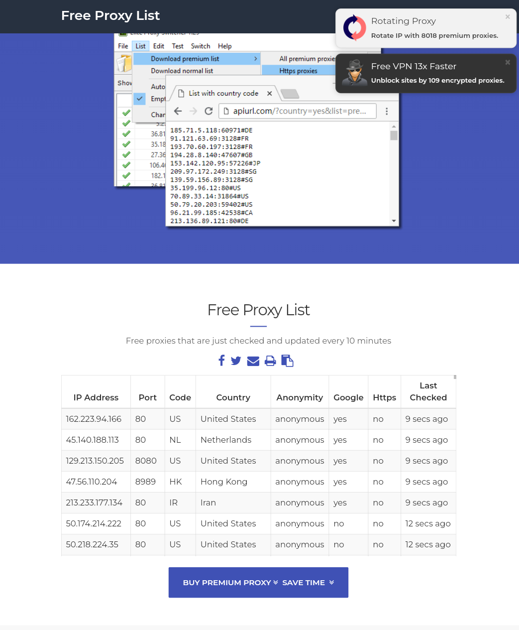 Explanation with pictures of the proxy-list site to obtain proxy addresses, updated daily