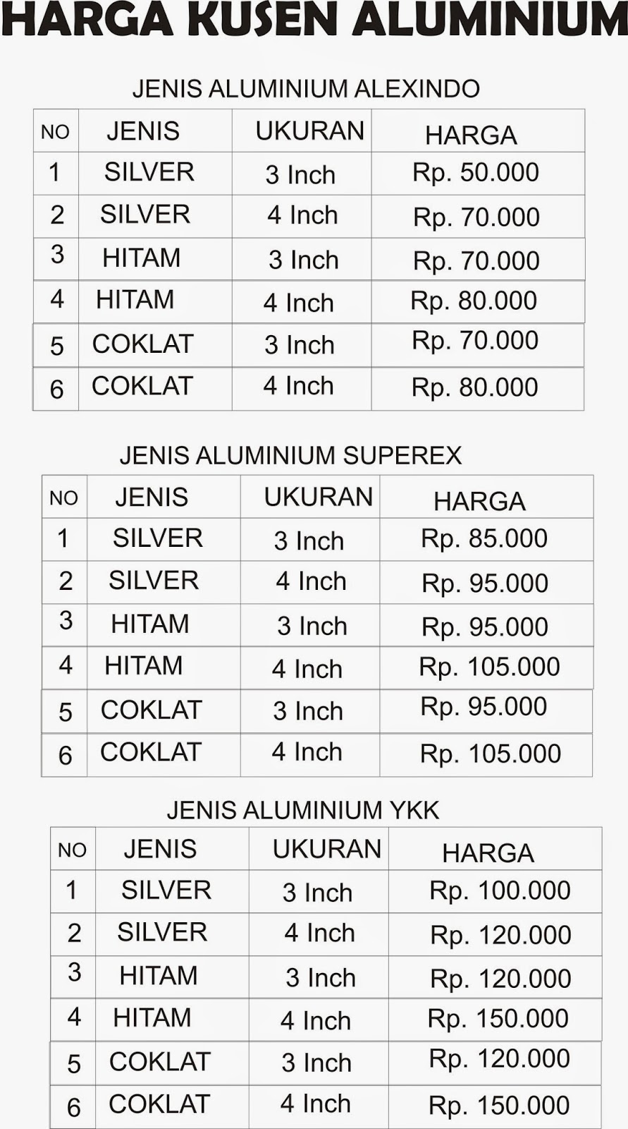 Daftar Harga  Kusen  Aluminium  di Bogor Daftar Harga 