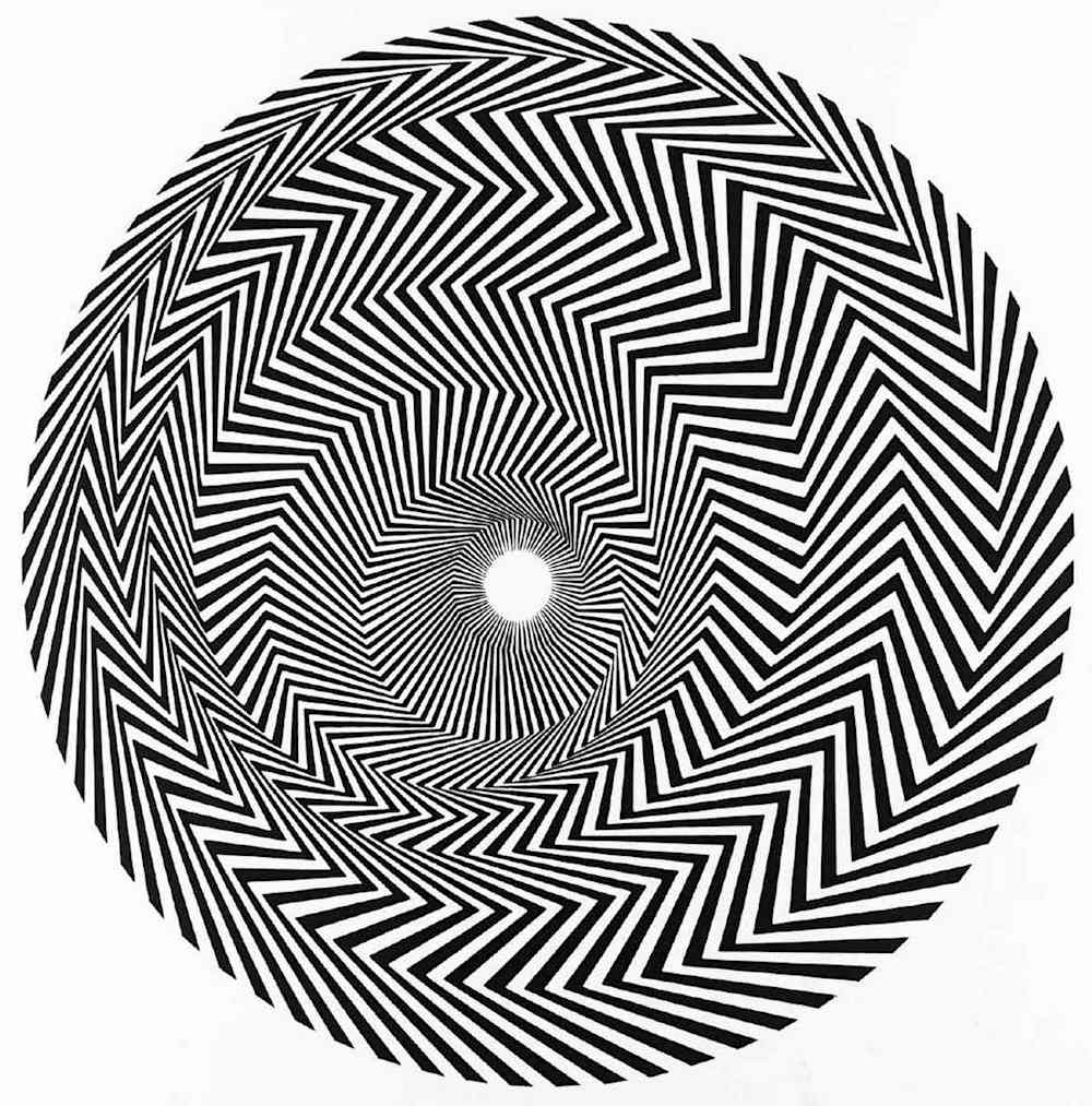 Bridget Riley art, spiraling zigzags