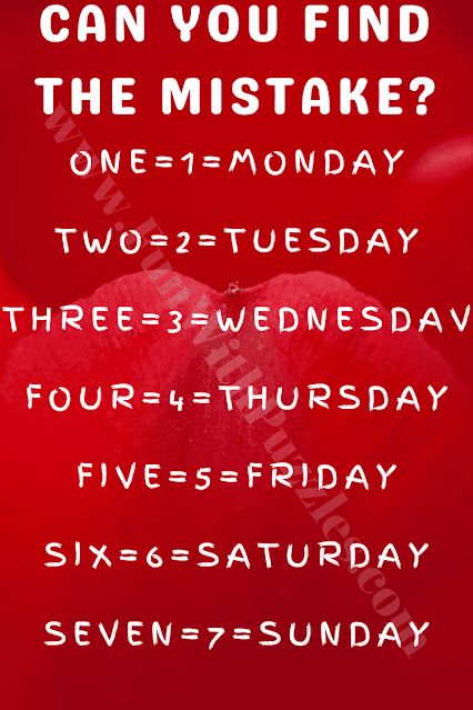CAN YOU FIND THE MISTAKE? ONE=1=MONDAY, TWO=2=TUESDAY, THREE=3=WEDNESDAV, FOUR=4=THURSDAY, FIVE=5=FRIDAY, SIX=6=SATURDAY, SEVEN=7=SUNDAY