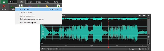 screenshot demonstrating how to split audio tracks in WavePad