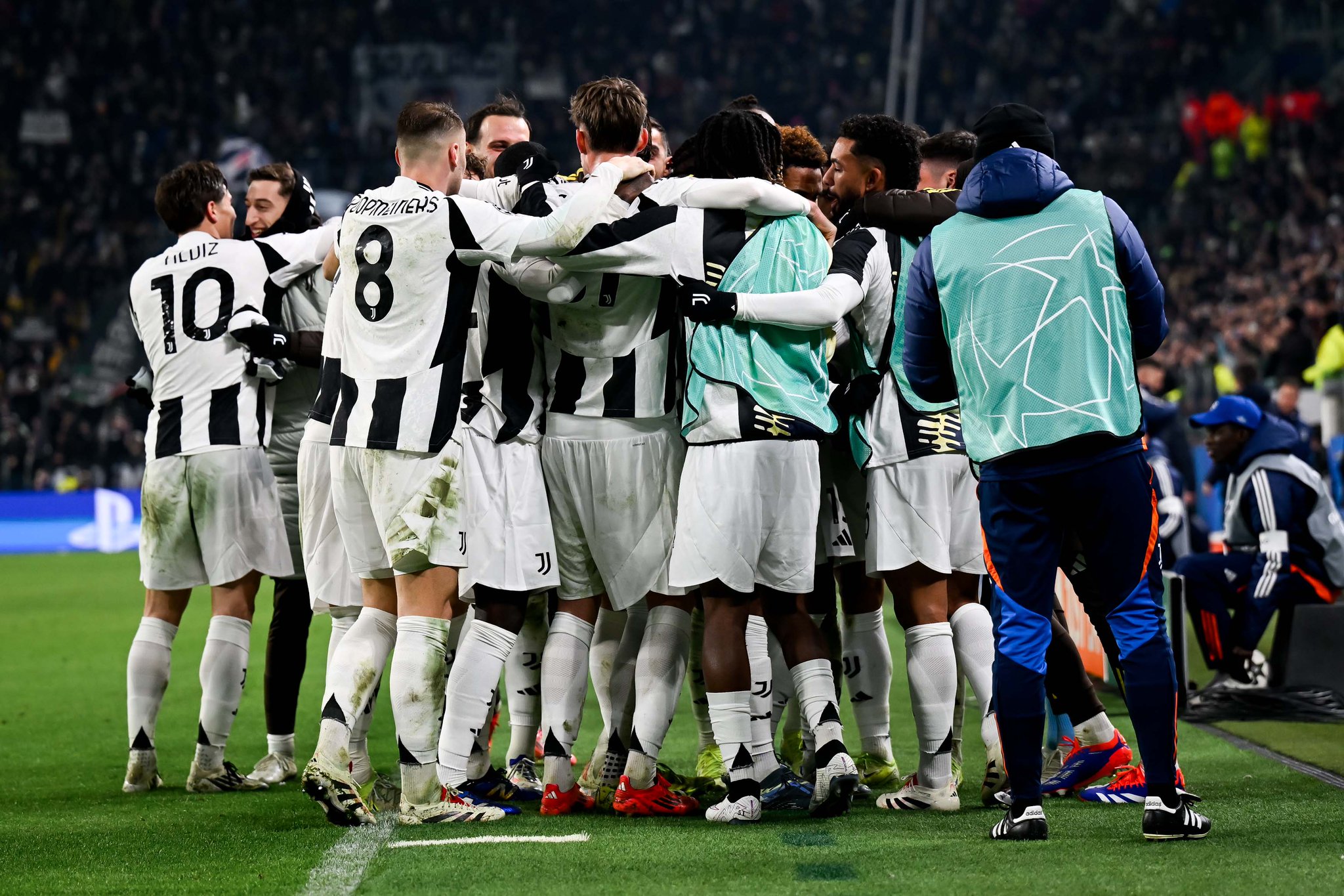 Juventus players celebrate 2-0 win over Manchester City in the UCL League Phase match in Turin on Wednesday 11 December, 2024