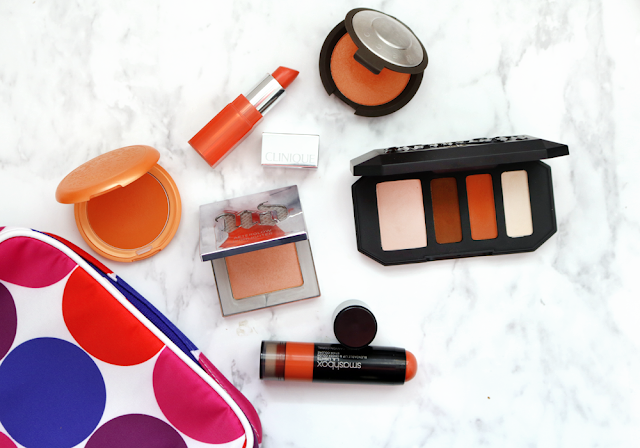 Orange Makeup : Becca Luminous Blush, Urban Decay Afterglow Highlighter, Smashbox, Stila, Clinique, Kat Von D Rust Quad