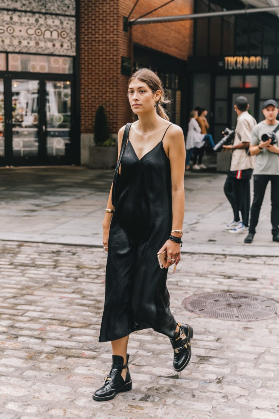 25 Black Slip Dresses for Summer — Easy Outfit Idea Black Cami Dress and Booties