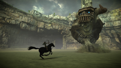 An image of Wander on horseback, firing an arrow at the second colossus.