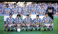 REAL SOCIEDAD DE FÚTBOL DE SAN SEBASTIÁN - San Sebastián, Guipúzcoa, España - Temporada 1997-98 - Gómez, Loren, Vega, Imanol, Kuhbauer y Alberto; López Recarte, Idiakez, De Pedro, Picabea y Aranzábal - BARCELONA 3 (Rivaldo 2 y Giovanni), REAL SOCIEDAD 0 - 31/08/1997 - Liga de 1ª División, jornada 1 - Barcelona, Nou Camp - La REAL SOCIEDAD, entrenada por Bernd Krauss, se clasificó en 3ª posición