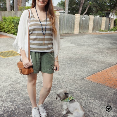 awayfromtheblue Instagram | two shades of green in one outfit striped tank and soft shorts kimono converse
