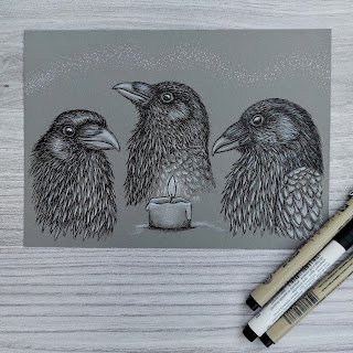 three magical ravens casting a spell, drawn in Faber Castell Pitt artist black and white pens on grey toned paper