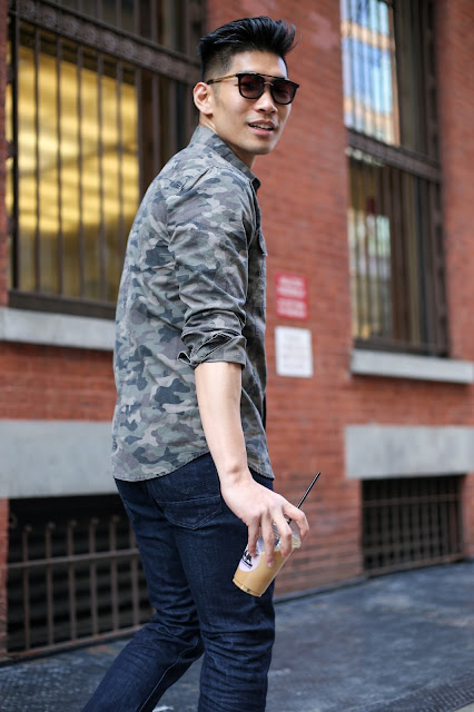 Leo Chan, Menswear Style wearing Hudson Jeans Denim Jeans and Camo Shirt