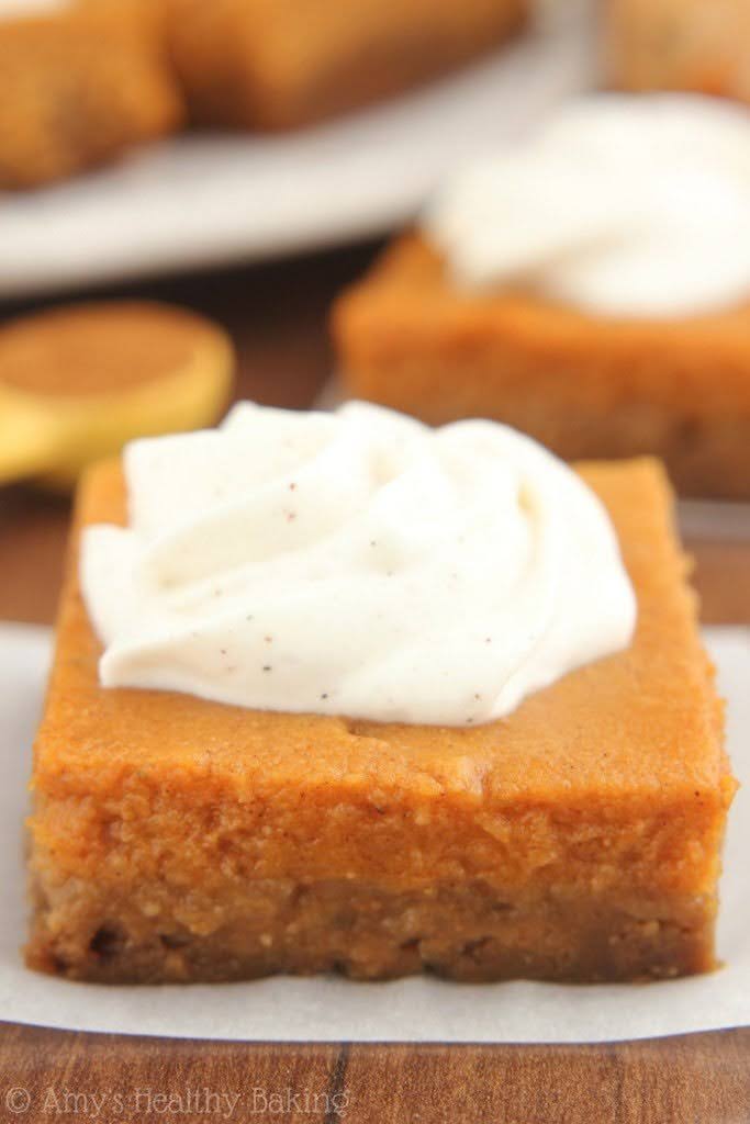 Pumpkin Pie Bars with Greek Yogurt Whipped Cream | Amy's Healthy Baking