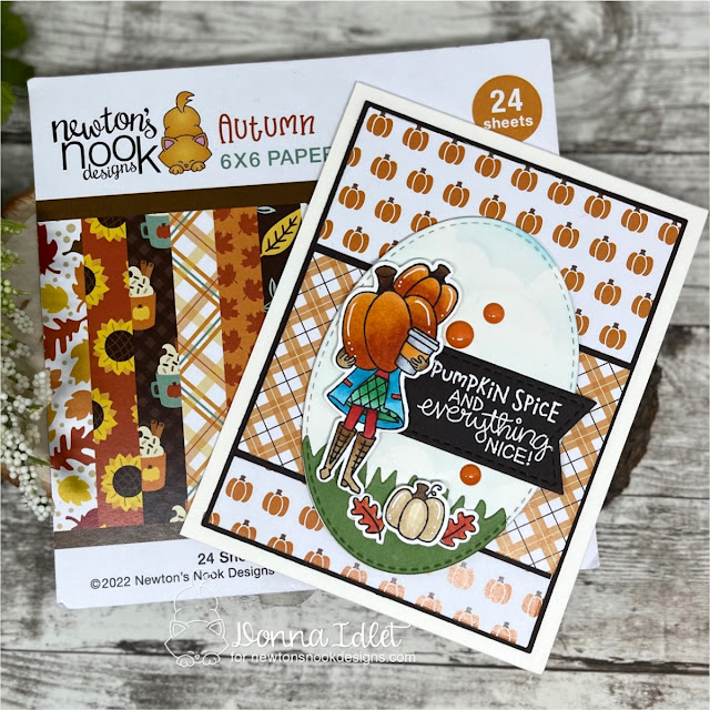 Pumpkin Spice Card by Donna Idlet | Pumpkin Latte Stamp Set, Oval Frames Die Set, Frames & Flags Die Set, Land Borders Die Set and Autumn Paper Pad by Newton's Nook Designs #newtonsnook #handmade
