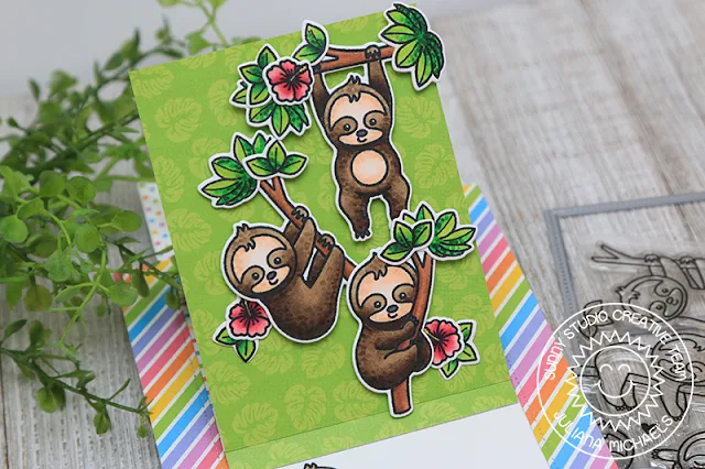 Sunny Studio Stamps: Silly Sloths Sliding Window Dies Staggered Circle Dies Punny Cards by Juliana Michaels and Angelica Conrad